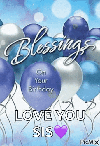 a birthday card with balloons that says `` blessings on your birthday love you sis '' .