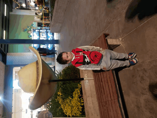 a young boy wearing a red jacket that says pitt stands next to a cowboy hat