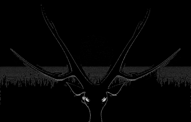 a black and white drawing of a deer 's head with antlers and a circle in the middle .