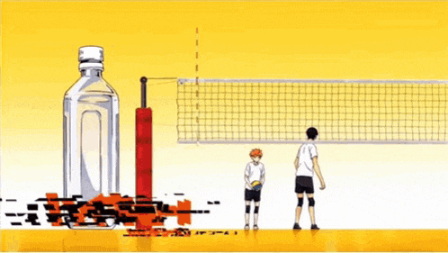 a cartoon of a volleyball player with a bottle of water in the background .