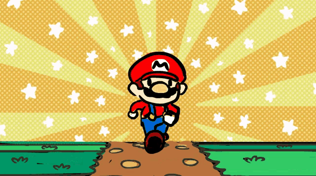 a cartoon of mario walking down a path with stars in the background
