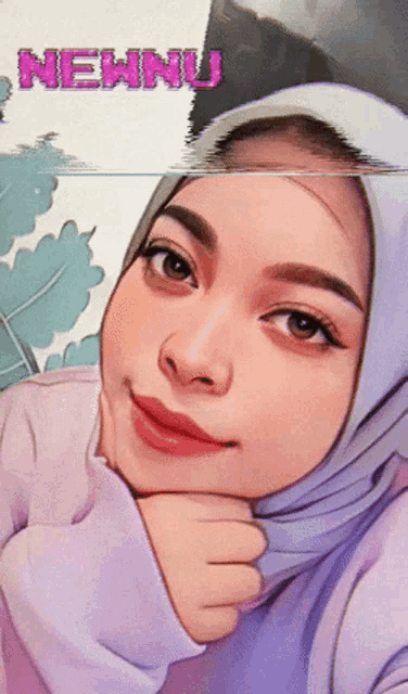 a woman wearing a purple sweater and a white head scarf with the word newnu on the bottom right