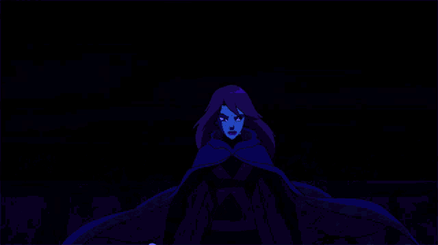 a group of cartoon characters are standing in a dark room and one of them is robin