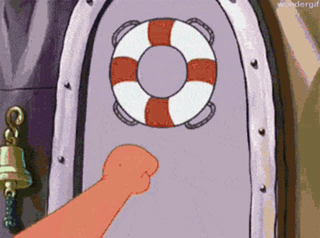 patrick from spongebob squarepants is opening a door with a life preserver on it