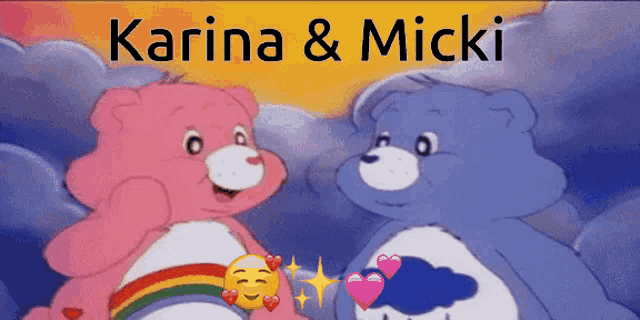 two care bears are standing next to each other with the words karina & mickie behind them