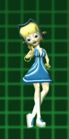 a cartoon girl in a blue dress and white socks is dancing