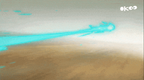 a cartoon drawing of a blue beam coming out of the sky with the letters okoo on the bottom right