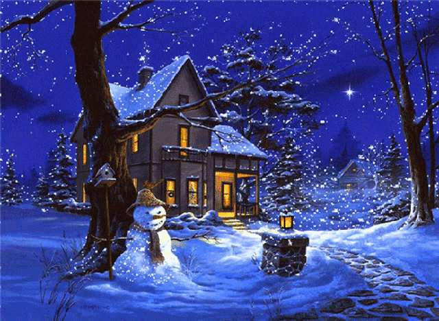 a snowman is standing in front of a house with snow falling