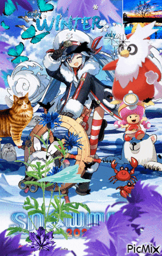 a picture of a girl surrounded by animals with the word winter written on the bottom