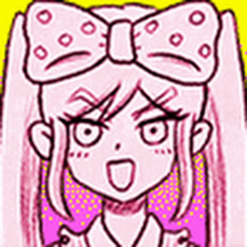 a cartoon girl with pigtails and a bow on her head is making a funny face .
