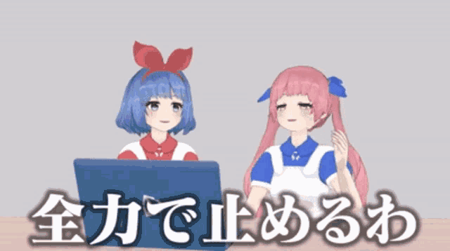 two anime girls are sitting in front of a laptop with chinese writing on it