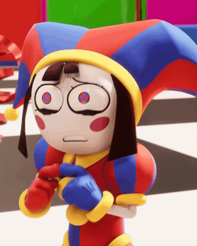 a cartoon character with a jester hat and gloves