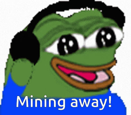 a cartoon frog with headphones and the words mining away