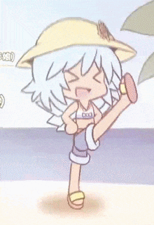 a cartoon girl wearing a hat and sandals is kicking her leg in the air on the beach .