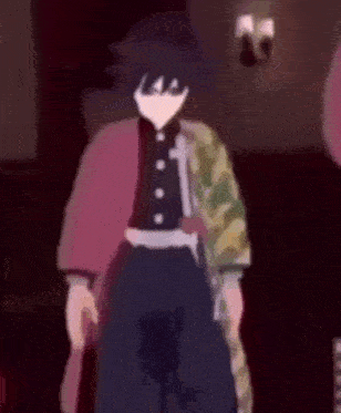 a cartoon character is standing in a room holding a sword .