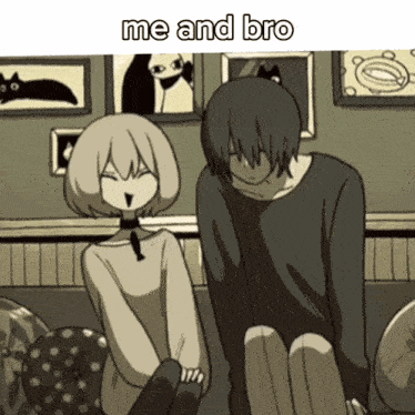 a man and a woman are sitting next to each other with the caption " me and bro " above them