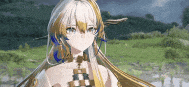 a girl with long blonde hair is standing in a field with mountains in the background .