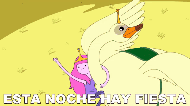 a cartoon of princess bubblegum riding a duck with the words esta noche hay fiesta below