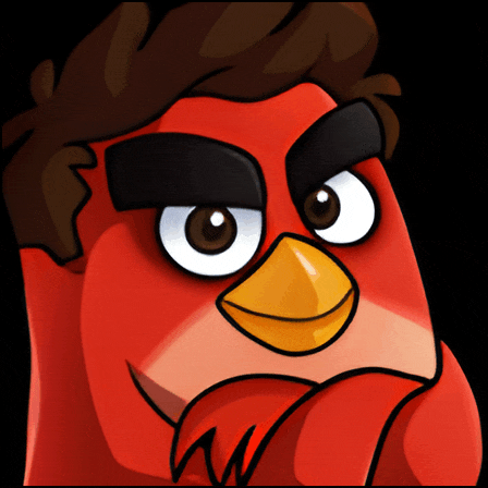 a cartoon of a red bird with a beard and black eyebrows