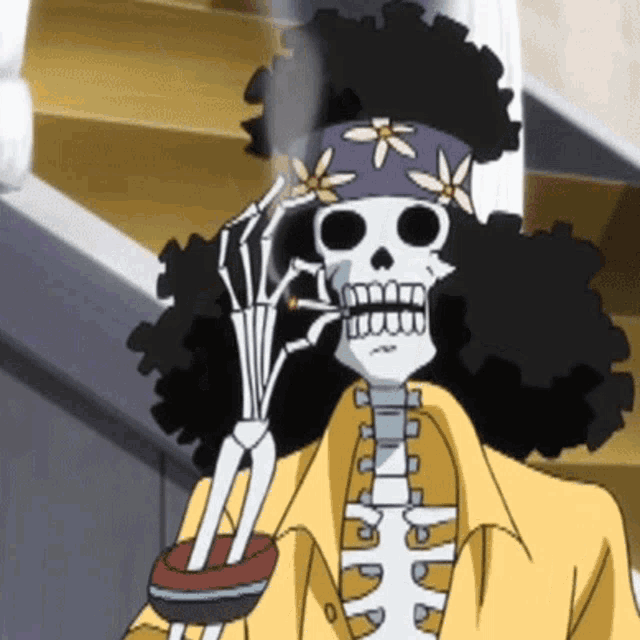 a cartoon of a skeleton smoking a cigarette and wearing a headband with flowers on it