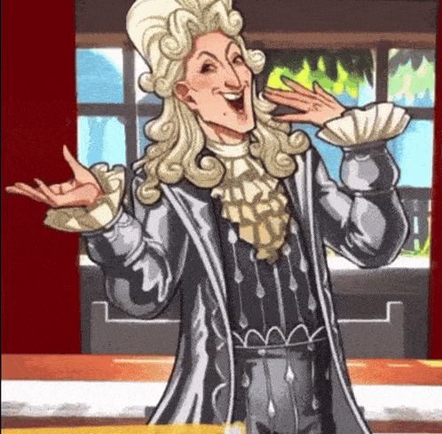 a cartoon drawing of a man with a wig and ruffled cuffs