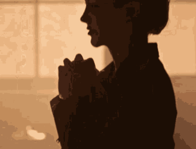 a woman is praying with her hands folded in front of a window