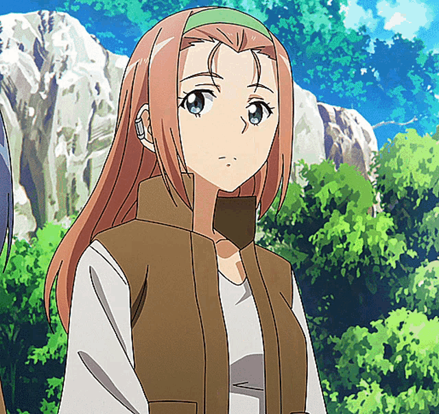 a girl with long brown hair is wearing a headband and a brown vest