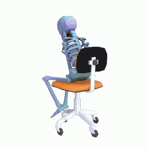 a cartoon skeleton is sitting on an office chair and thinking