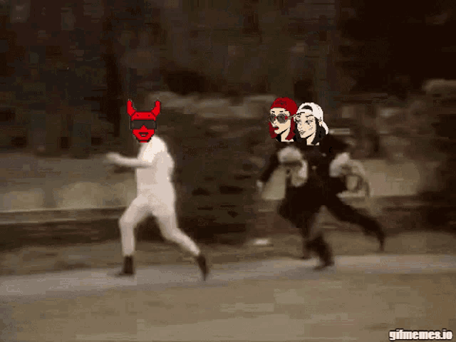 a cartoon of a man with devil horns and a woman with a number 20 on her back