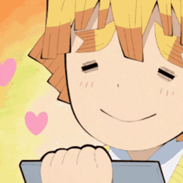 a cartoon character with yellow hair is smiling and holding a cell phone