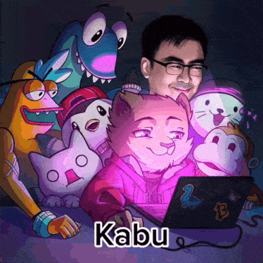 a cartoon drawing of a man surrounded by cartoon characters and the name kabu on the bottom