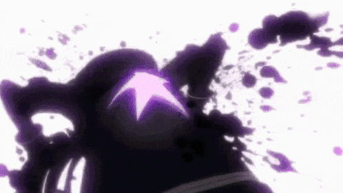 a person with a purple star on their head is surrounded by purple spots .