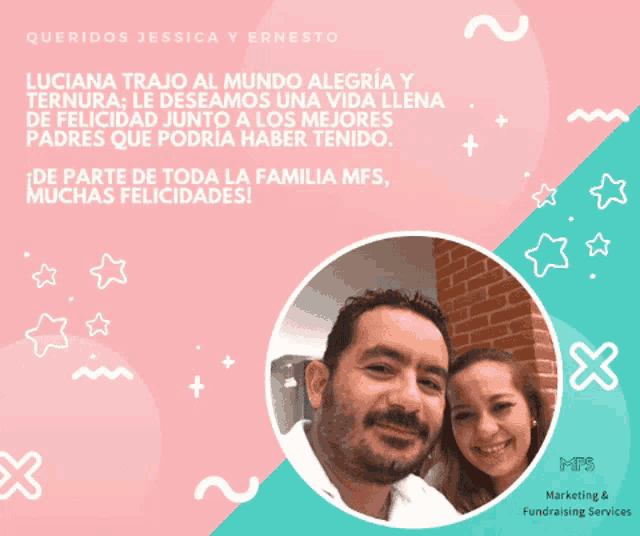 a man and woman posing for a picture with the words queridos jessica y ernesto in the background
