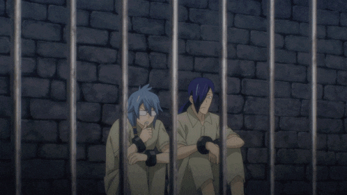 two anime characters are sitting in a jail cell behind bars
