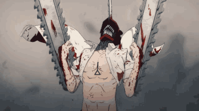 a drawing of a man with a triangle on his chest holding a chainsaw
