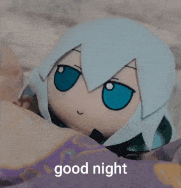 a stuffed animal with blue eyes is laying on a bed with the words good night written on the bottom