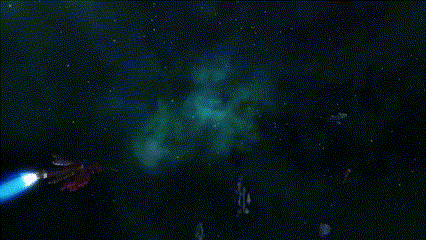a red robot is flying through space with a blue sphere behind it