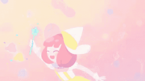 a cartoon girl with pink hair and blue eyes is flying in the air