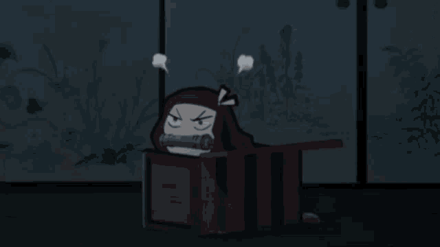 a cartoon character is sitting in a box with smoke coming out of it .