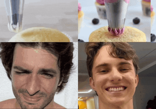 a collage of four pictures shows a man making a face and cupcakes