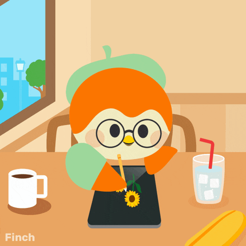 a cartoon of finch sitting at a table with a cup of coffee and a cup of water