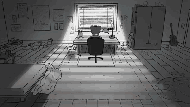 a black and white drawing of a girl sitting at a desk in a messy room