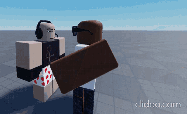 two roblox characters are standing next to each other with the words clideo.com in the bottom right corner