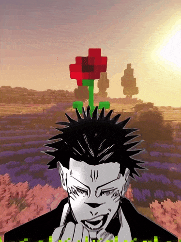 a black and white drawing of a man with a red rose on his head