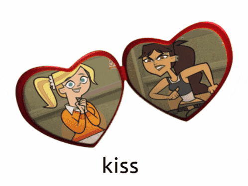 a picture of two girls in a heart shaped frame with the word kiss below it