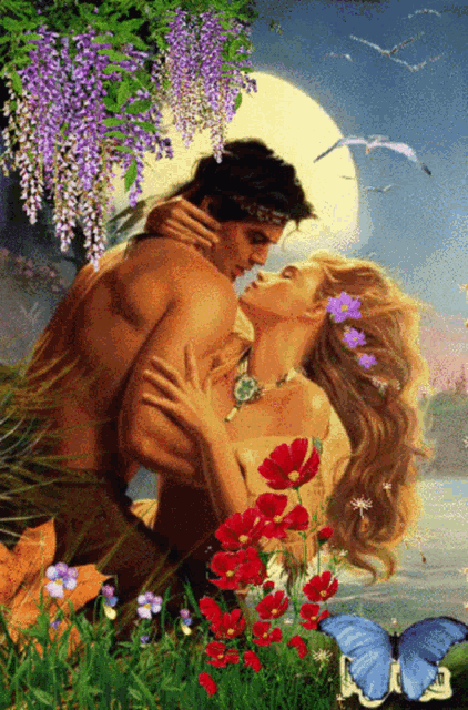 a painting of a man and woman kissing with a butterfly in the foreground