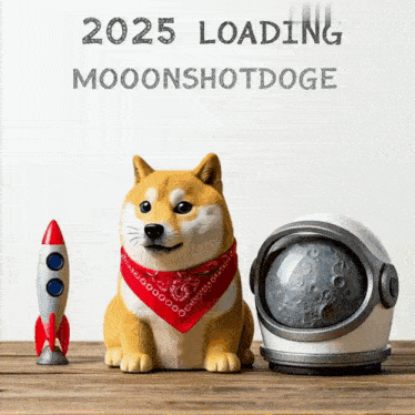 a doge wearing a red bandana next to a helmet and a rocket with the words 2025 loading mooonshotdoge