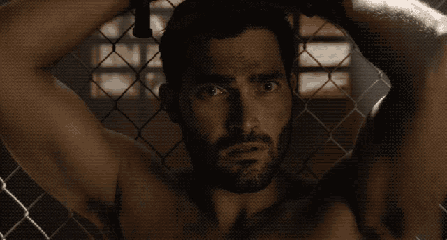 a woman behind a chain link fence holding a sword