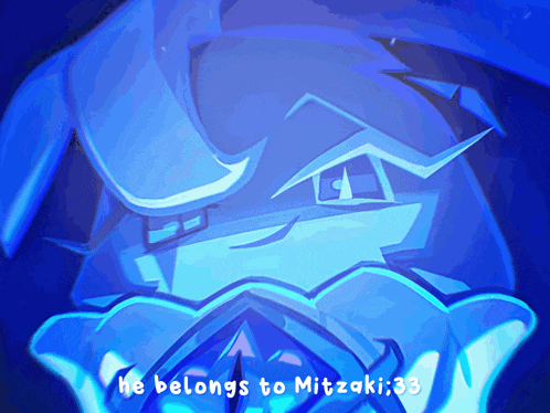 a blue background with the words he belongs to mitzaki