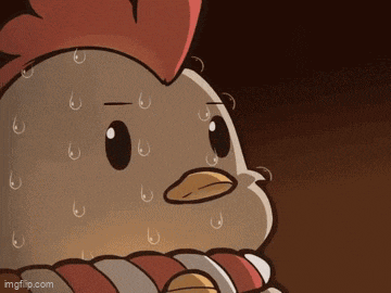 a cartoon chicken with sweat coming out of its neck